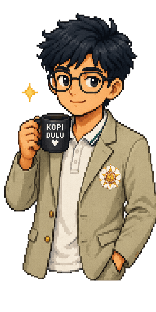 Pixel-art illustration of Farrel in a UGM almamater jacket, holding a coffee cup