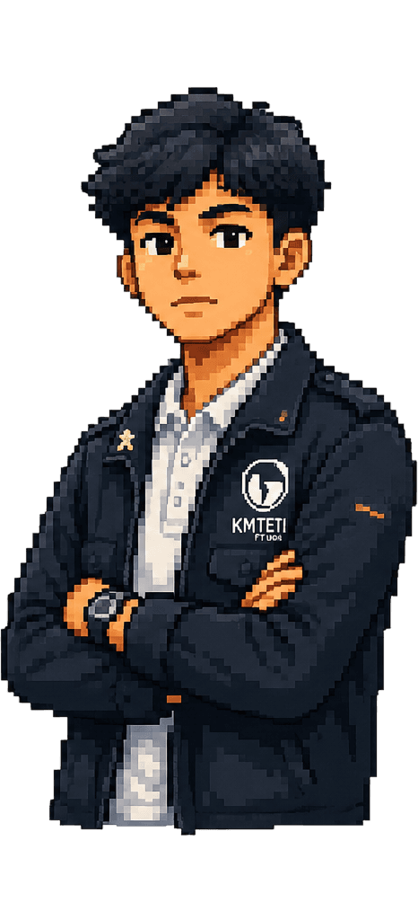 Pixel-art illustration of Farrel in a navy KMTETI jacket, arms crossed